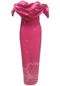 Draped Bardot Crystal Pearl Floral Maxi Dress Hot Pink