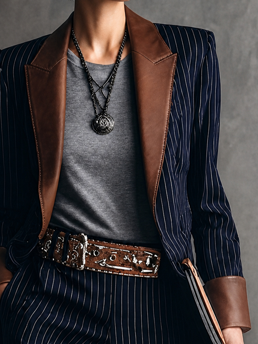 Women's Vintage-Style Navy Striped Cotton-Blend Blazer With Brown Leather-Look Contrast Collar MDZ1745G3GMJ