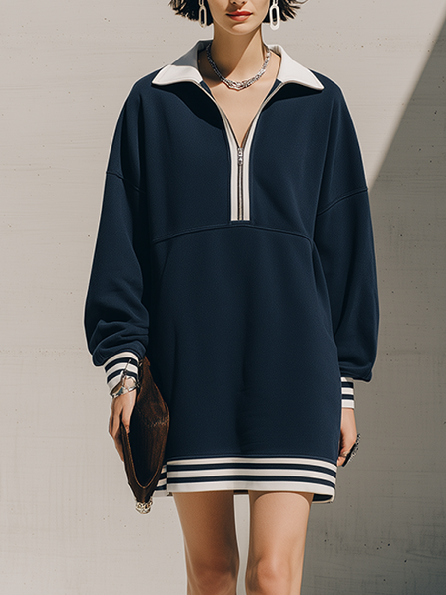 Women's Navy Contrast Collar Half-Zip Striped Cuff Sweatshirt Mini Dress MDZ2065G7ZRK