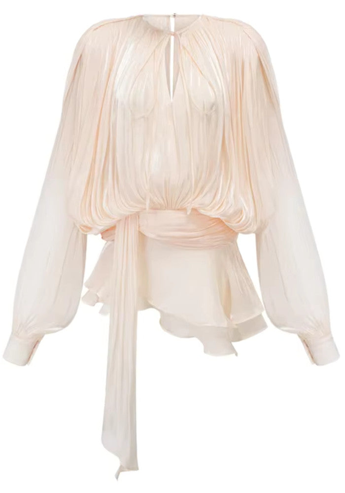 Long Sleeve Draped Ruffle Two Piece Dress Ivory