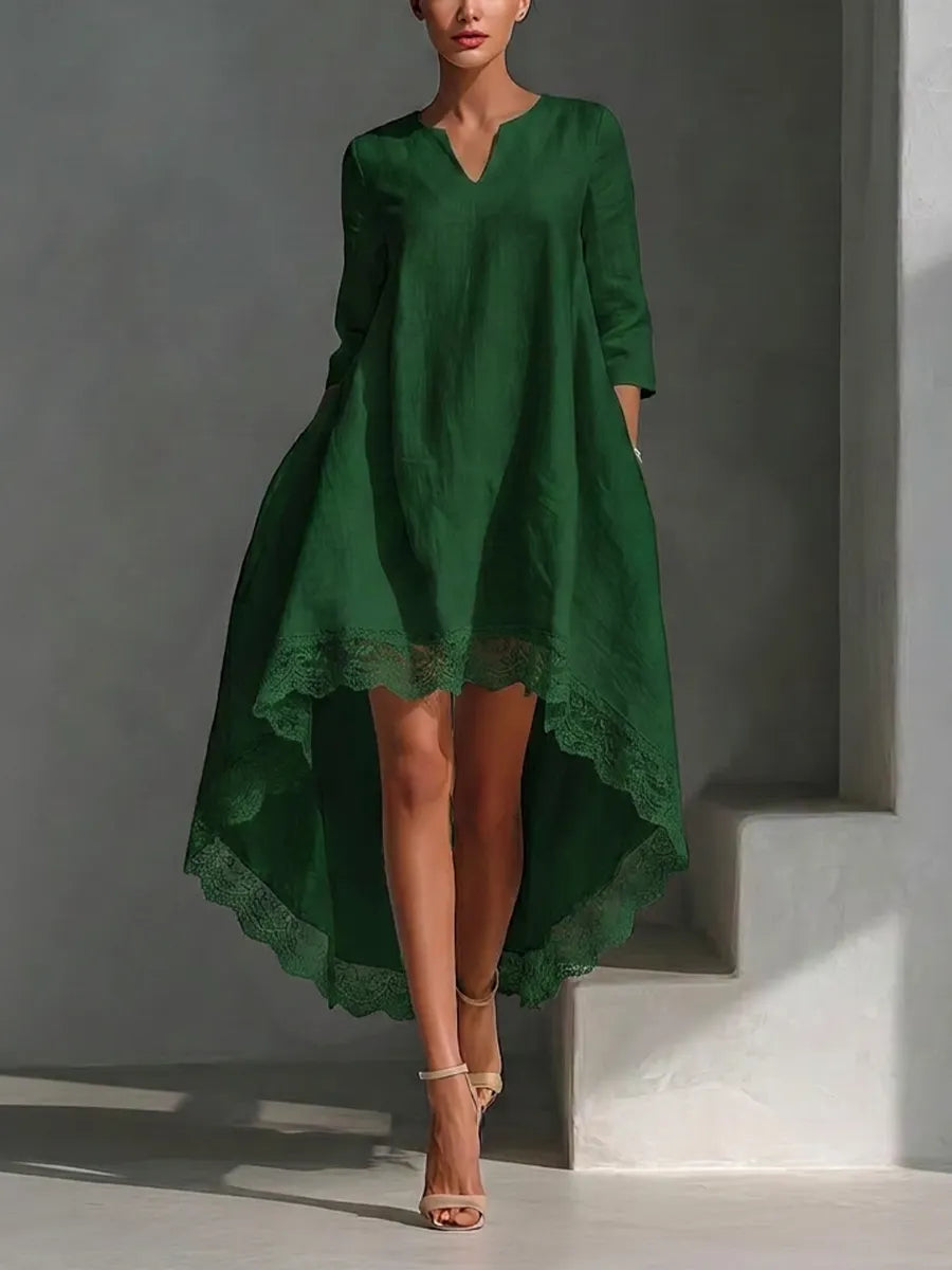 Women's Forest Green Cotton-linen Blend Lace Trim High Low Hem V Neck Three Quarter Sleeve Loose Dress MDZ0784G0YZJ