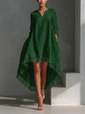 Women's Forest Green Cotton-linen Blend Lace Trim High Low Hem V Neck Three Quarter Sleeve Loose Dress MDZ0784G0YZJ