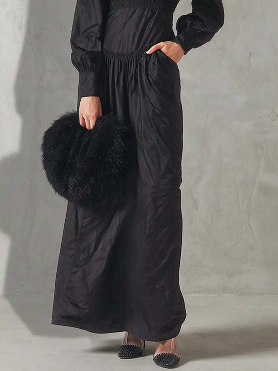Women's All-Black Cotton-Blend Maxi Dress With Ruched Cinched Torso & Cuff Button Sleeves, Versatile Formal Occasion Flowy Maxi Dress MDZ0678G5LYL