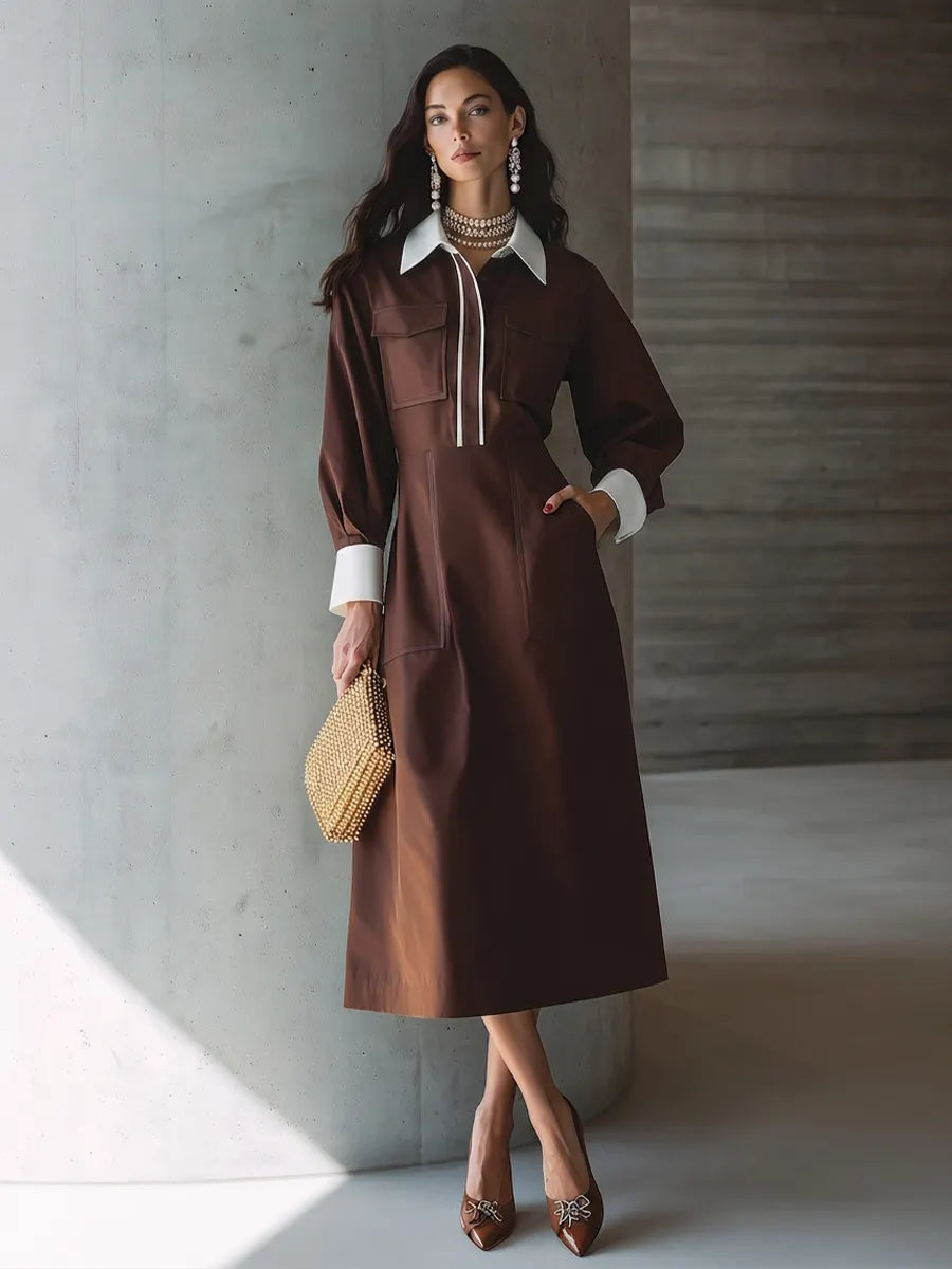 Women's Chocolate Brown Cotton Midi Shirt Dress With Contrast White Collar Cuffs & Double Chest Patch Pockets, Elegant Office Waisted Midi Dress MDZ1415G0LYL
