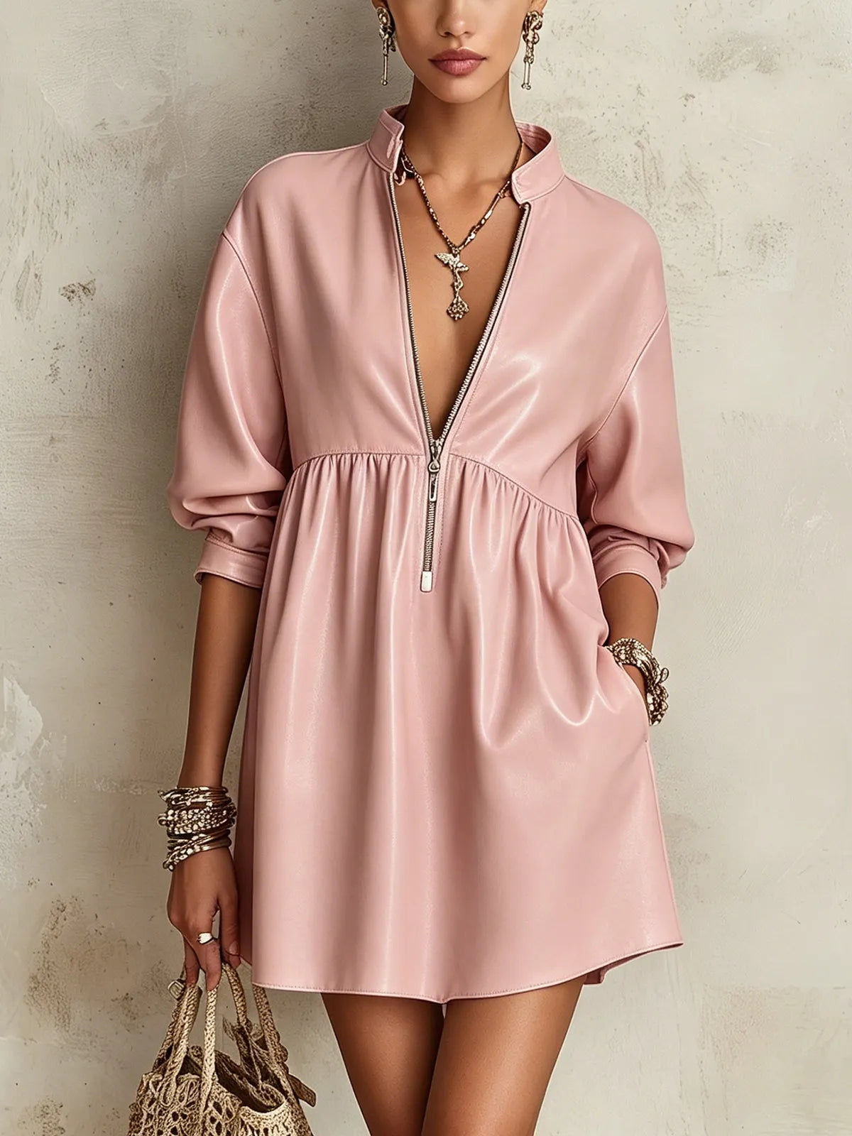 Pink Faux Leather Zip-Front Mini Dress