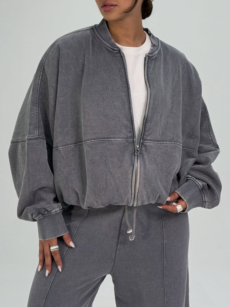 Gray Casual Zipper Jacket And Wide-leg Pants Two-piece Suit