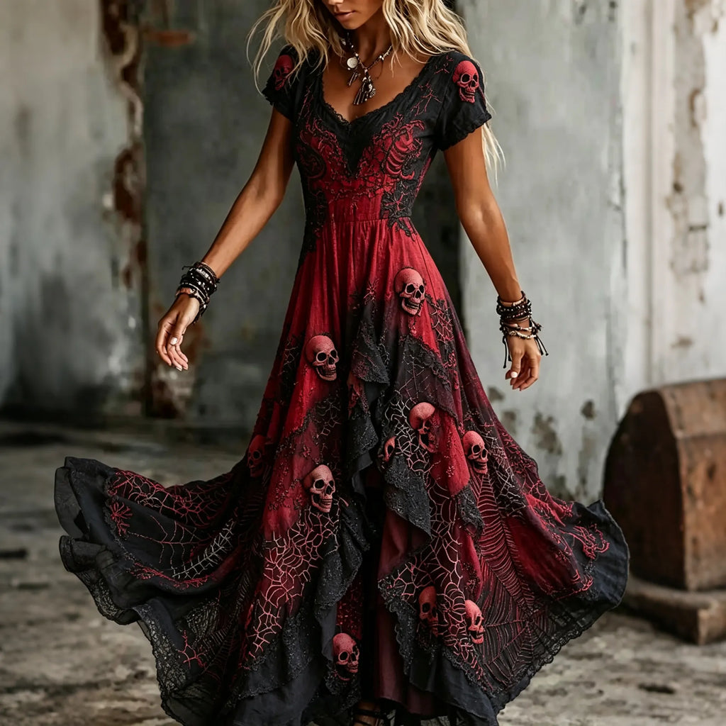 Women's Retro Gothic Skull Lace Gradient Pattern Print Short-sleeve Mixi Dress