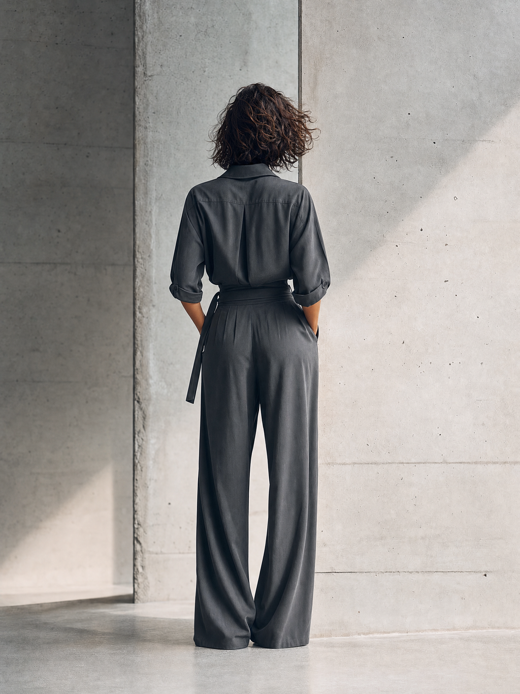 Women's Minimalist Workwear Charcoal Grey Collared Single-Pocket Shirt & High-Waisted Belted Wide-Leg Pants Set MDZ0992G0CMX