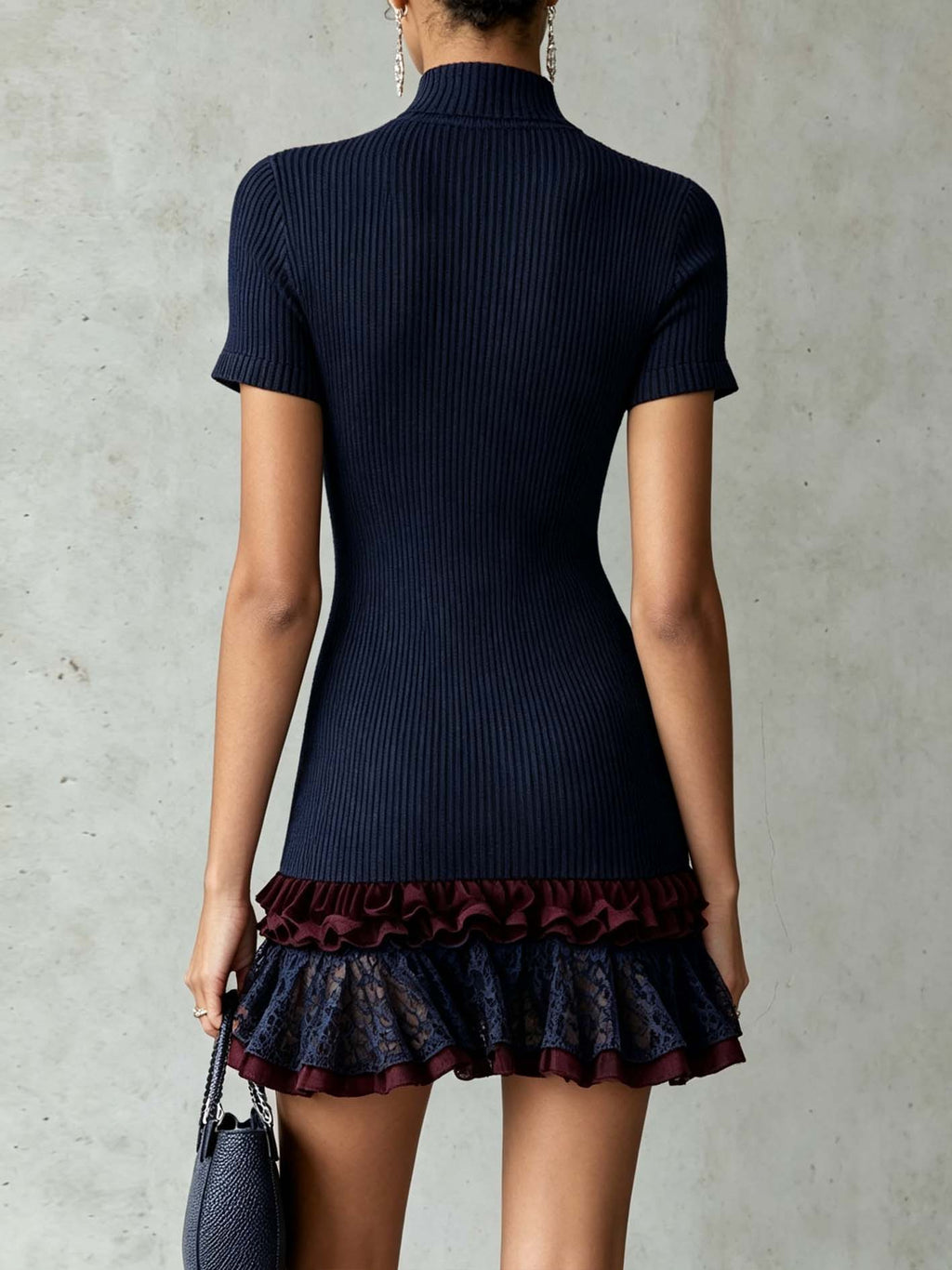 Navy Ribbed Knit Mini Dress With Lace Hem And Ruffle Trim