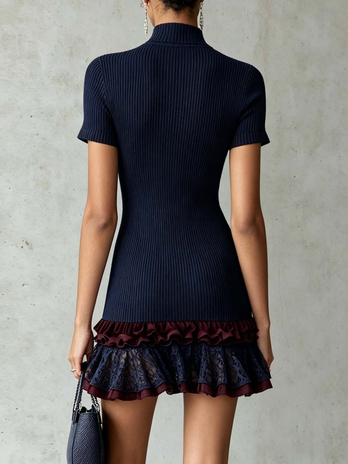 Navy Ribbed Knit Mini Dress With Lace Hem And Ruffle Trim