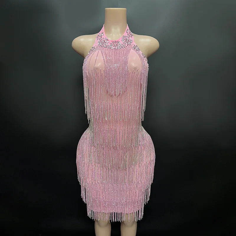 Trend4us Handmade Halter Backless Rhinestone Tassel Dance Dress