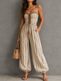 Boho Chic Striped Lace-Up Corset Jumpsuit With Balloon Leg
