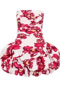 Strapless Ruched Puff Dress Floral Hot Pink