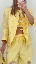 Frog‑Button Blazer & Distressed Wide Leg Pants Co‑Ord Set