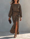 Women's Minimalist Houndstooth Print Long-Sleeve Maxi Dress With Side-Waist Ruching MDZ0948G3ZRK