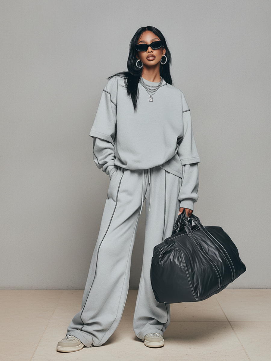 Women's Ash Gray Knit Co-Ord With Oversized Crew Neck Layered Top & Drawstring Waist Stitch Trim Trousers, Modern Loose Athleisure Daily Outfit MDZ2951F7LYL