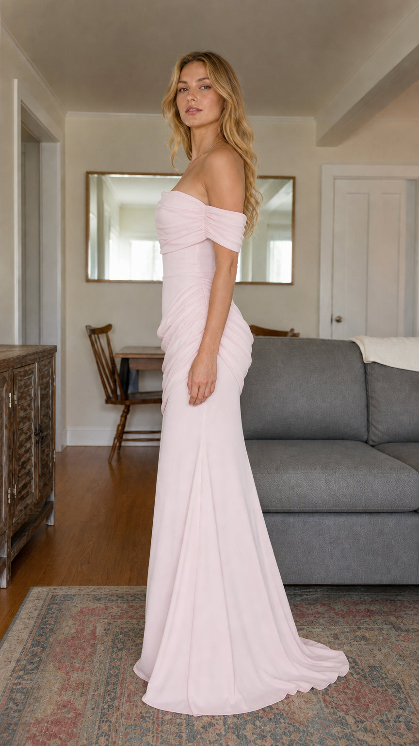 Asymmetrical Ruched Off-the-Shoulder Mermaid Evening Gown
