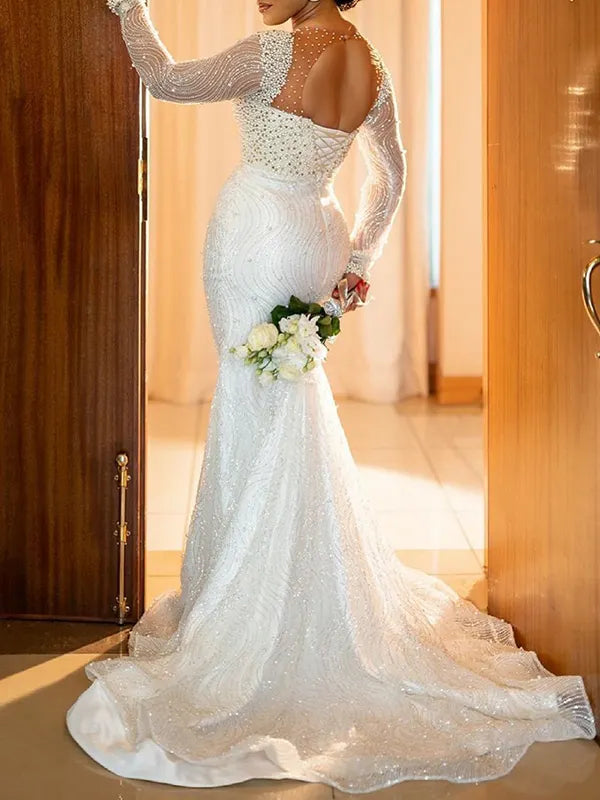 Elegant V-Neck Beaded Decorated Backless Wrap Wedding Maxi Dress