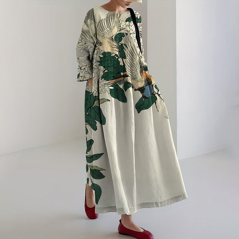Women's Japanese Floral And Bird Art Print Midi Dress