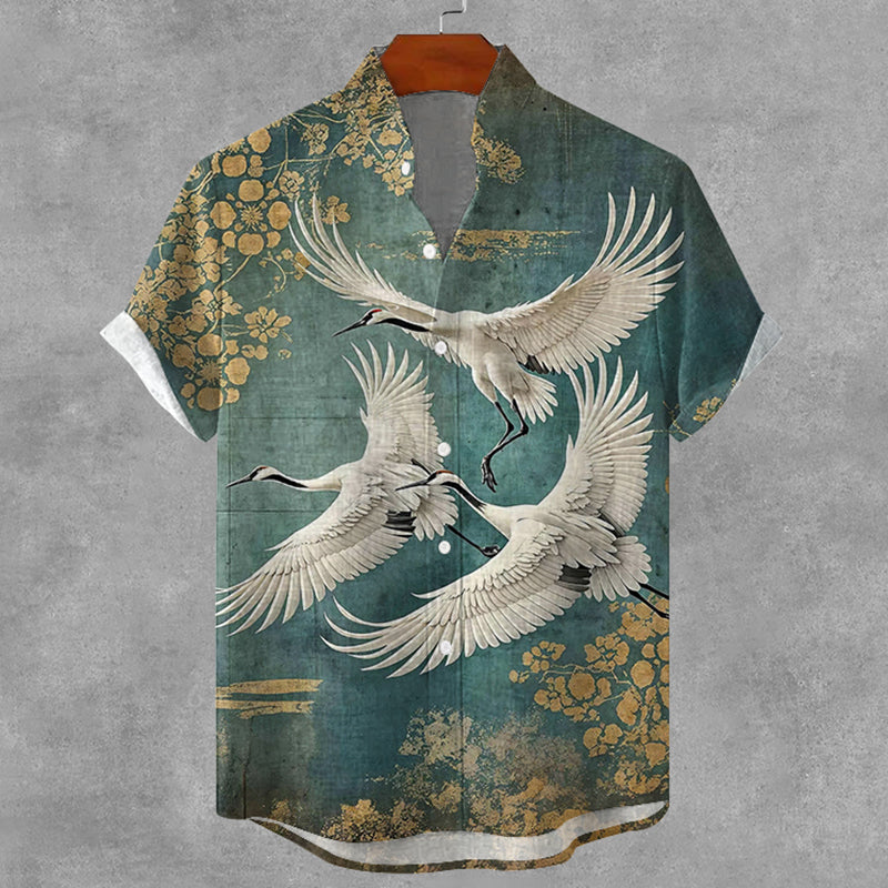 Men's Vintage Crane Japanese Art  Print Casual Shirt