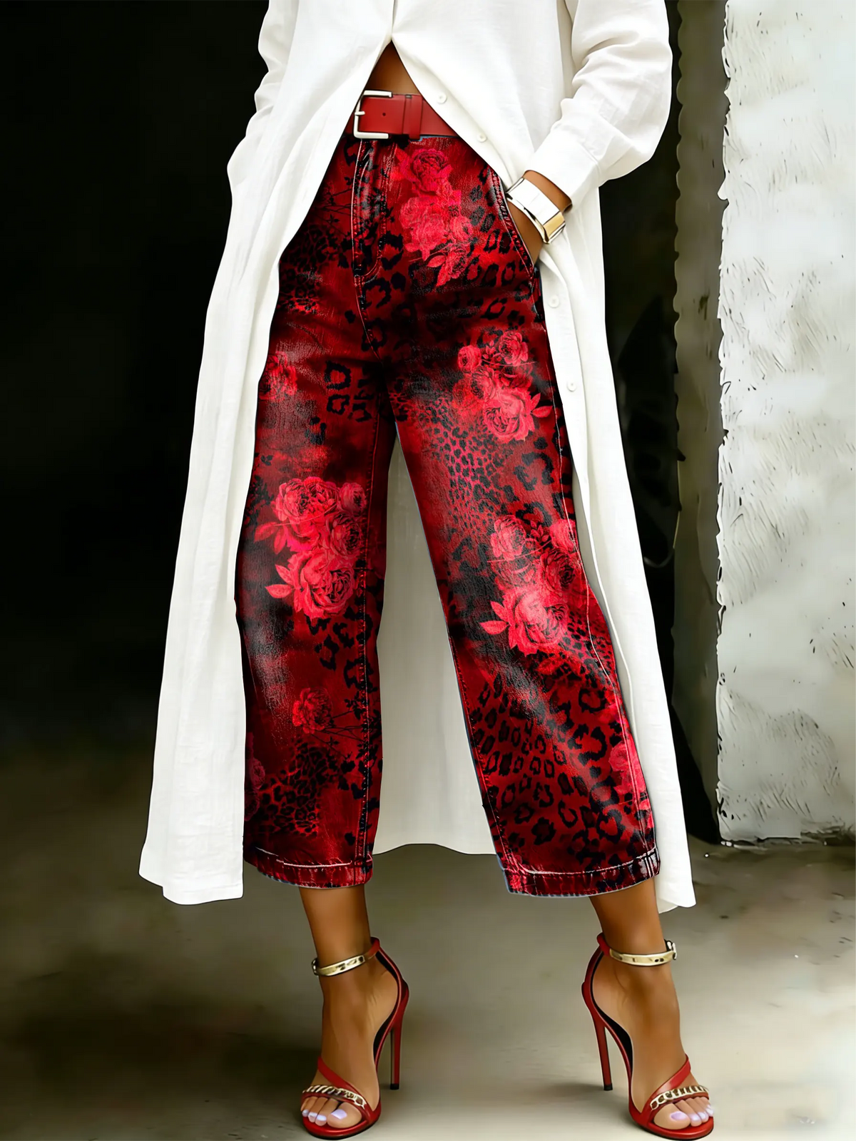 Women's Vintage Leopard Floral Art Casual Wide Denim Pants