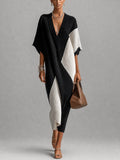 Black And White Textured Colorblock V-Neck Midi Dress