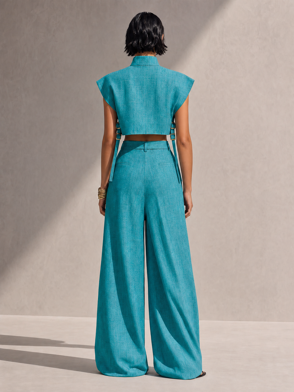 Women's Modern Teal Linen Blend Mock Neck Sleeveless Cropped Top And High-Waist Belted Wide-Leg Pants Two-Piece Set MDZ1383G1ZSQ