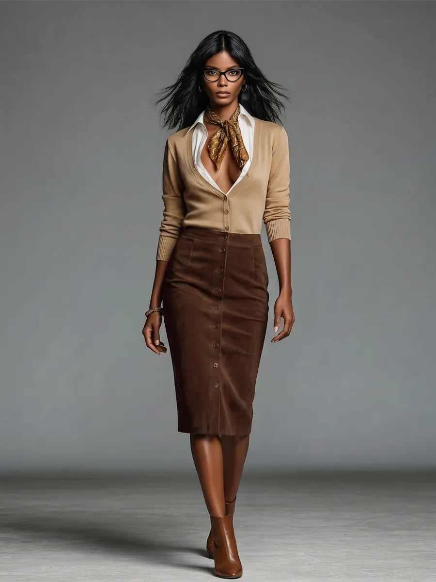 Women's Camel Knit & Brown Faux Suede Two-Piece Set With V Neck Button Cardigan & Front Button Midi Pencil Skirt, Retro Smart Casual Matching Outfit MDZ1371G2LYL