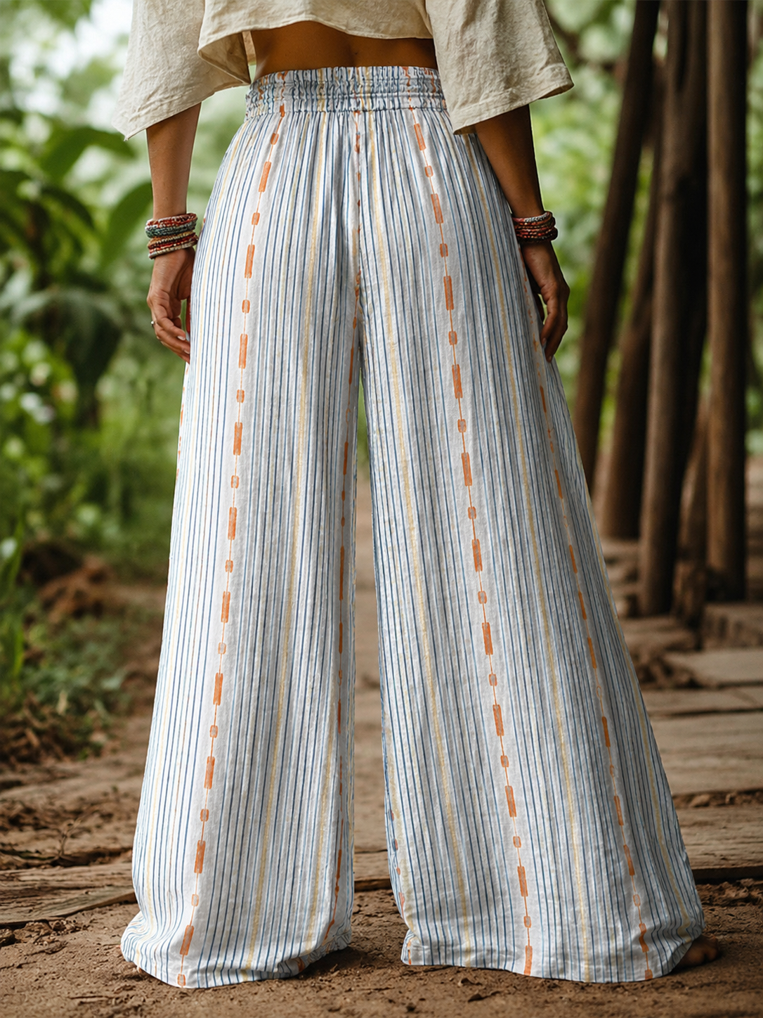 Blue & Orange Geometric Stripe Cotton-linen Elastic Waist Wide-leg Pants