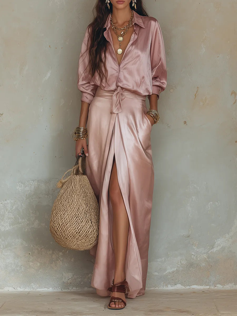 Rose-Lustre Satin Set ¡ª Modern Resort-Style Maxi Dress