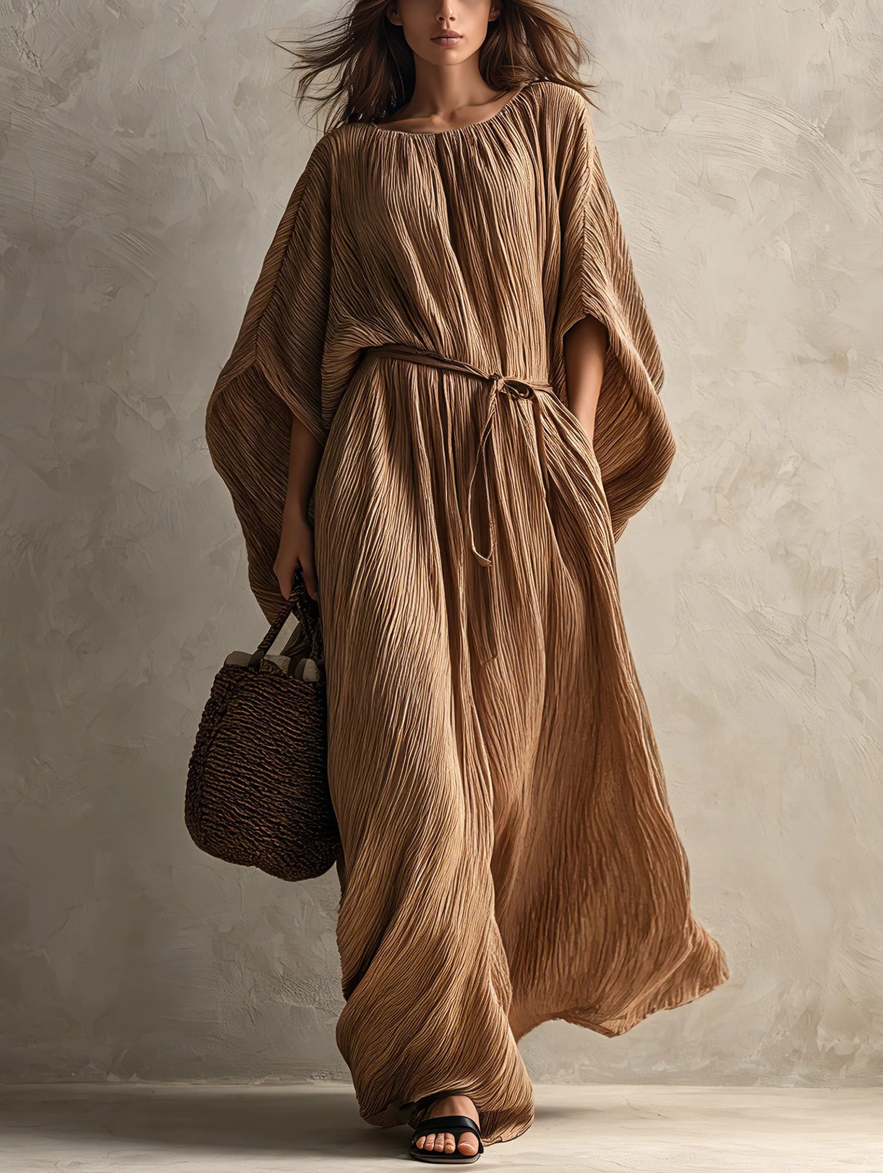 Women's Casual Khaki Woven Pleated Crew-Neck Batwing-Sleeve Maxi Dress MDZ2150G9LXY