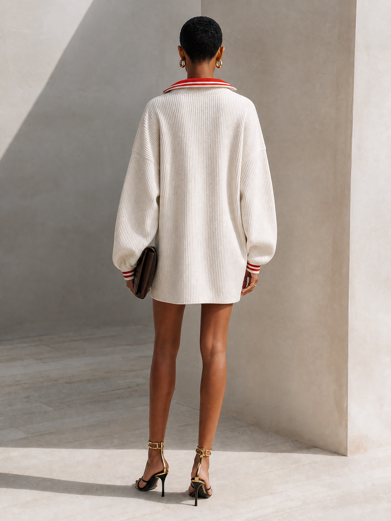 Women's White Ribbed Knit Red Contrast Collar Half-Zip Mini Dress MDZ2093G9ZRK