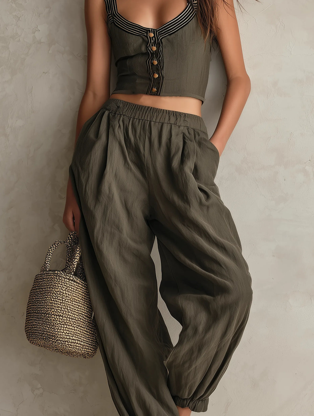 Women's Casual Grey-green Woven Sleeveless Top Paired With Trousers. MDZ2537F2LXY