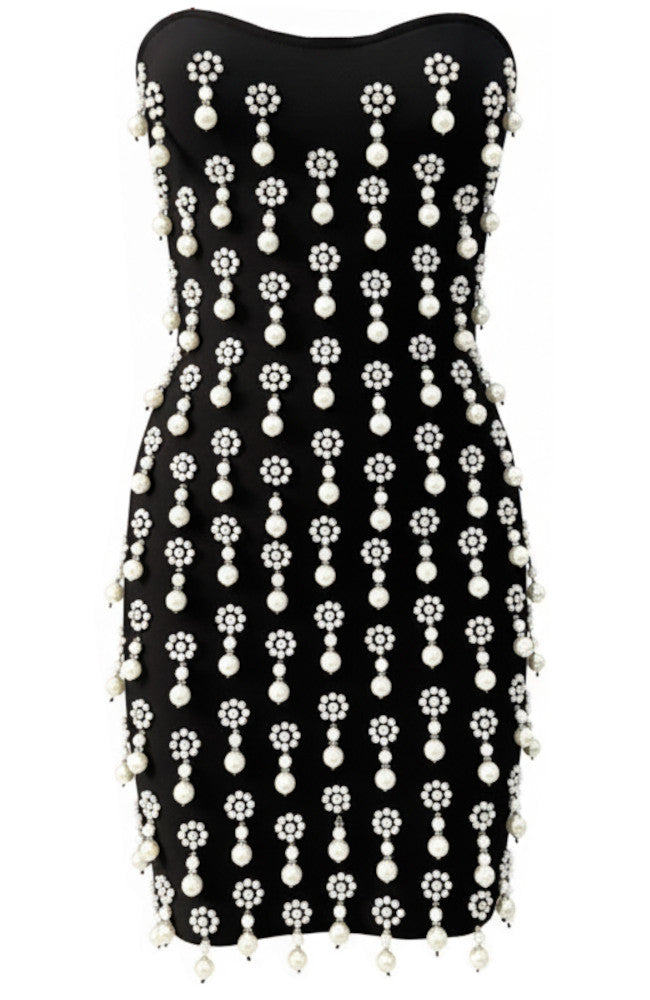Strapless Crystal Pearl Embellished Dress Black