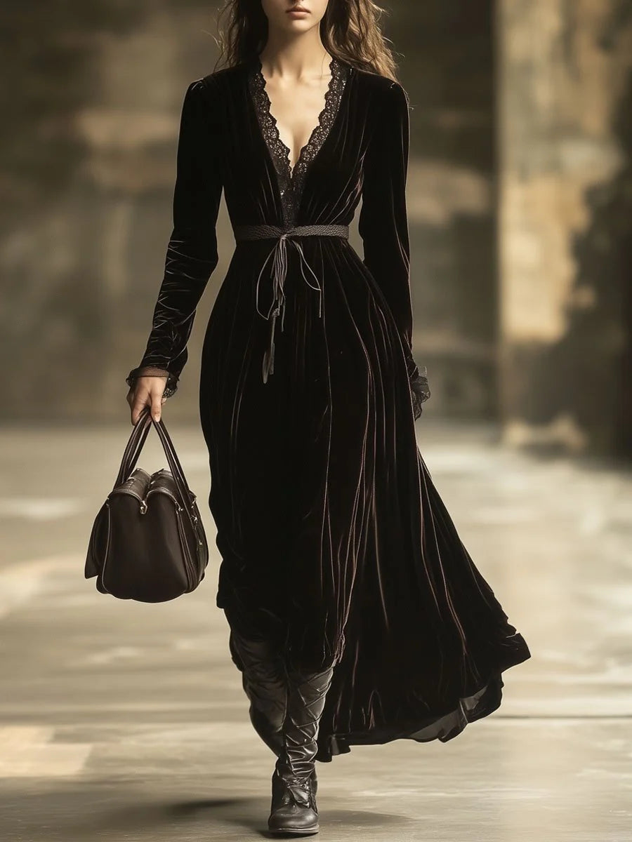 V-Neck Lace Panel Solid Long-Sleeved Maxi Dress