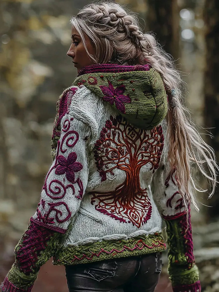 Women's Vintage Viking Celtic Knot Tree Of Life Art Knitted Hooded Sweater