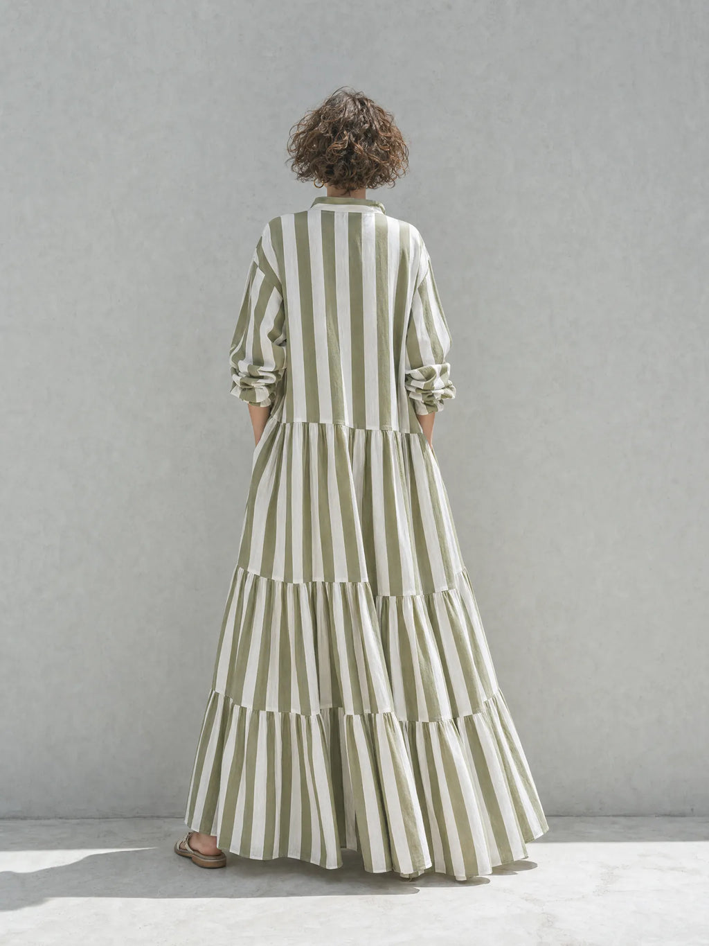 Women's Resort-Style Green And White Striped Stand-Collar Zip Long-Sleeve Tiered Full-Flare Cotton Maxi Dress MDZ1532G2CMX