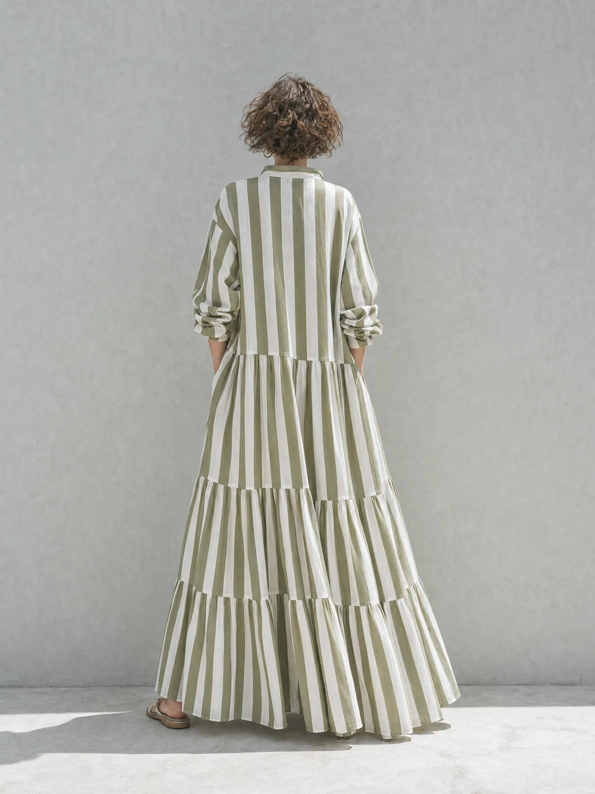 Women's Resort-Style Green And White Striped Stand-Collar Zip Long-Sleeve Tiered Full-Flare Cotton Maxi Dress MDZ1532G2CMX