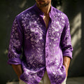 Men's Purple Floral Art Embroidered Linen Blend Lightweight Long Sleeve Shirt
