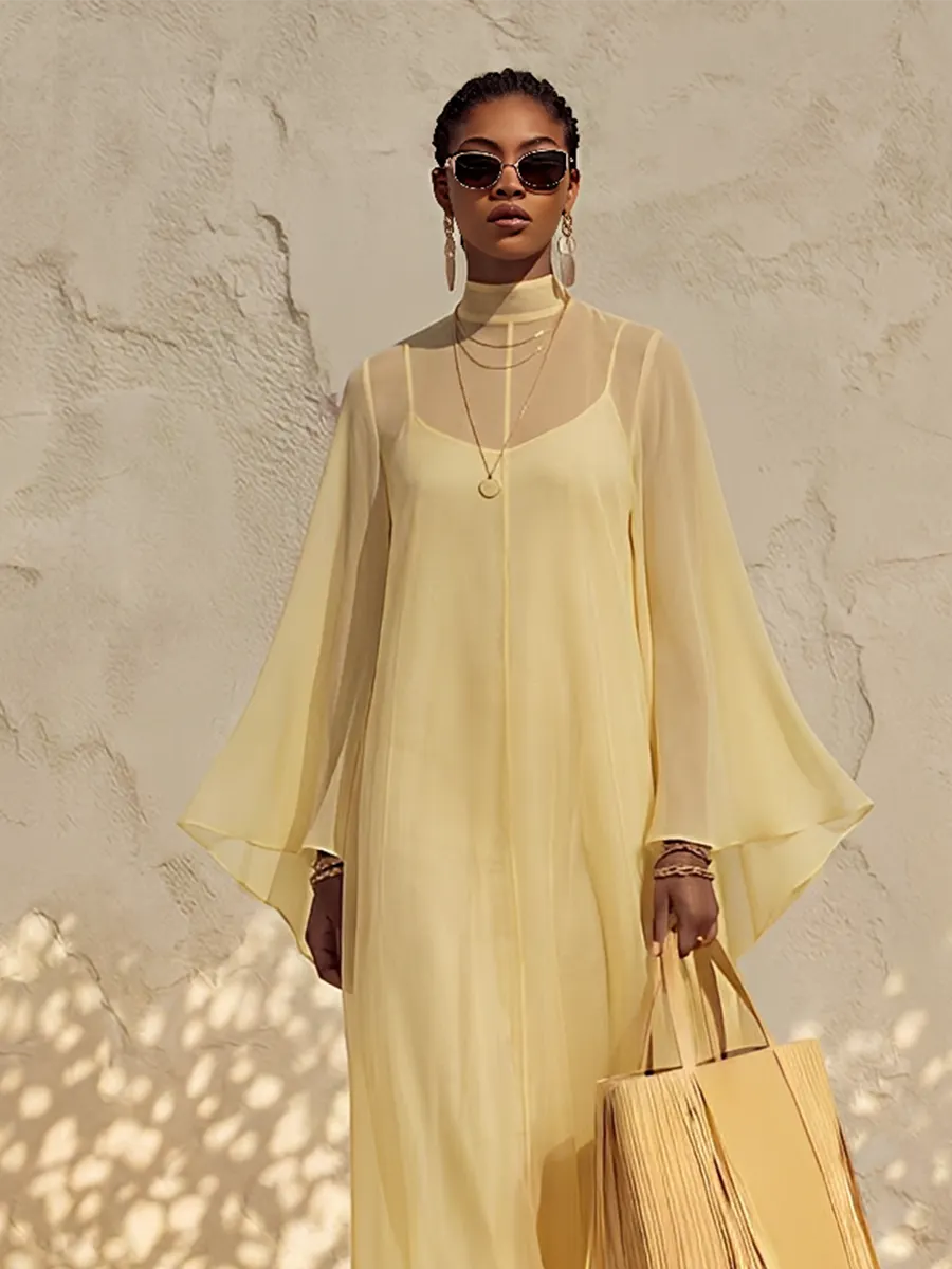 Women's Pale Yellow Sheer Chiffon Maxi Dress With Mock Neck Bell Flare Sleeves & Inner Slip Camisole, Minimalist Boho Resort Flowy Maxi Dress MDZ0287G2LYL