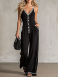 Color-blocked V-neck Button-down Double-pocket Sleeveless Jumpsuit