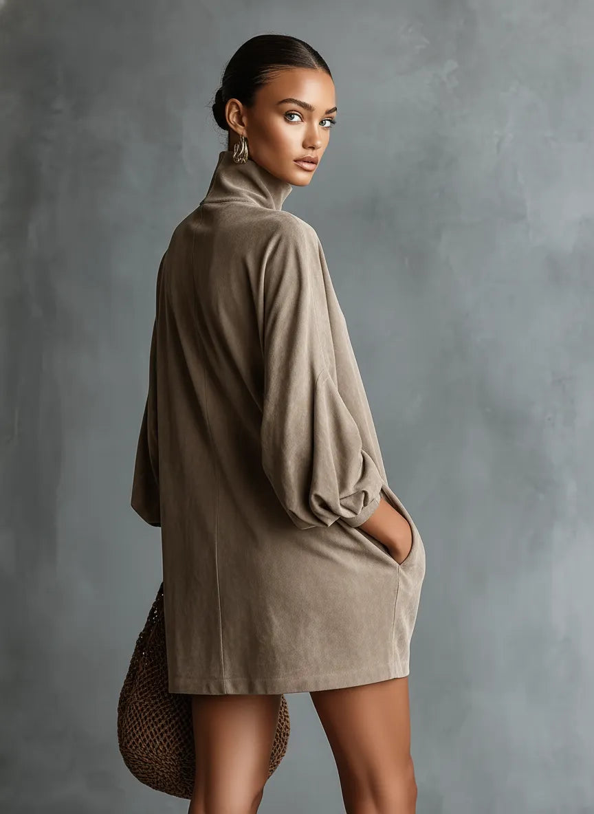 Women's Minimalist Loose-fitting Faux Suede High-neck Mini Dress MDA2423K1Y