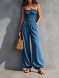 Boho Chic Denim Blue Corset Wide-Leg Jumpsuit
