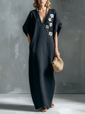 Women's Black Cotton Linen White Floral V-Neck Long Kaftan Dress MDZ2812B7BA