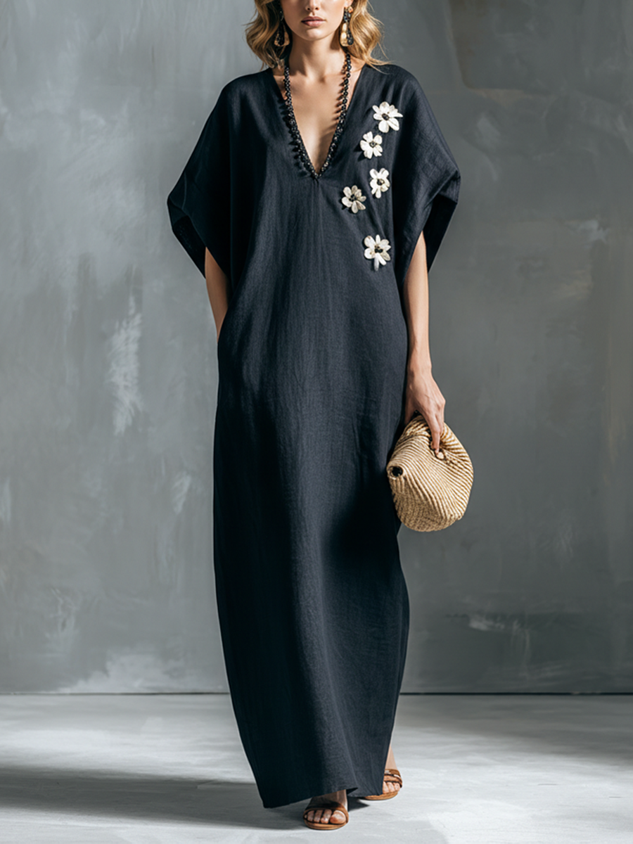 Women's Black Cotton Linen White Floral V-Neck Long Kaftan Dress MDZ2812B7BA