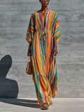 Women’s Rainbow Vertical Stripe Chiffon Stand Collar Half Button Kimono Sleeve Drawstring Waist Tiered Ruffle Maxi Dress MDZ0757G3YZJ