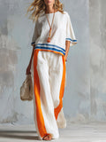 Casual Urban Style Contrast-Trimmed White T-Shirt & Wide-Leg Pants Cotton-Linen Set