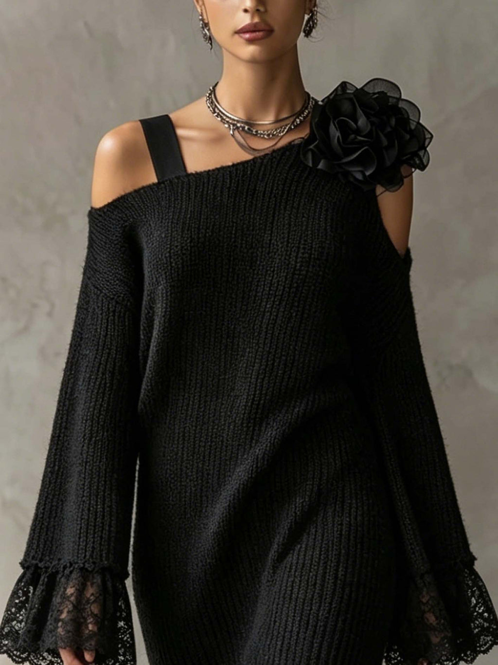 Black One Shoulder Knit Mini Dress With 3D Floral Applique And Lace Cuffs