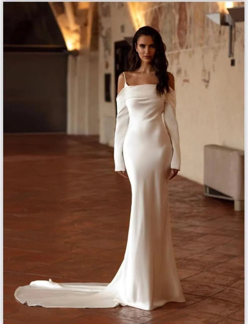 Satin wedding dress and off-shoulder neckline help you create Highlights, Sleeves help hide your flaws.