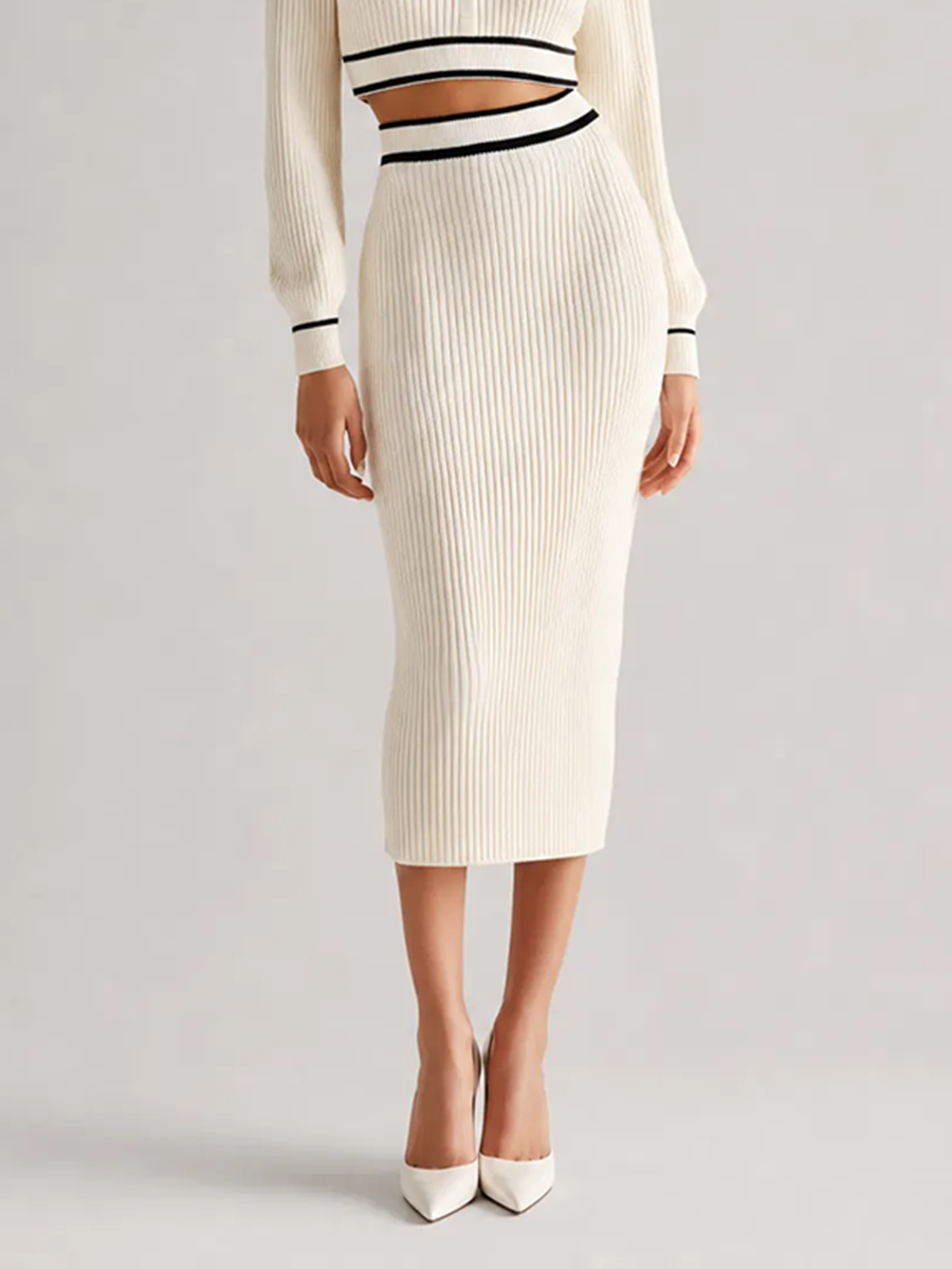 Women's Elegant Off-white Ribbed-Knit Lapel Long-Sleeve Contrast-Trim Cropped Top & High-Waisted Bodycon Midi Skirt Set MDZ2452G5CMX
